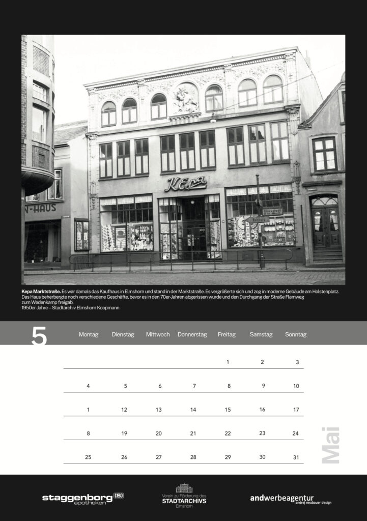 Historische Aufnahme des Kepa-Kaufhauses in der Marktstraße Elmshorn aus den 1950er Jahren, gezeigt im Elmshorn-Kalender 2026.
