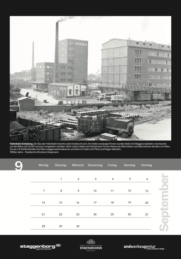 Historische Aufnahme der Hafenbahn mit dem Peter-Kölln-Werk in Elmshorn aus den 1950er Jahren, gezeigt im Elmshorn-Kalender 2026.