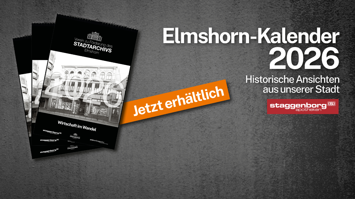 Elmshorn-Kalender 2026 – Historische Ansichten aus Elmshorn, präsentiert von den Staggenborg Apotheken, jetzt erhältlich.