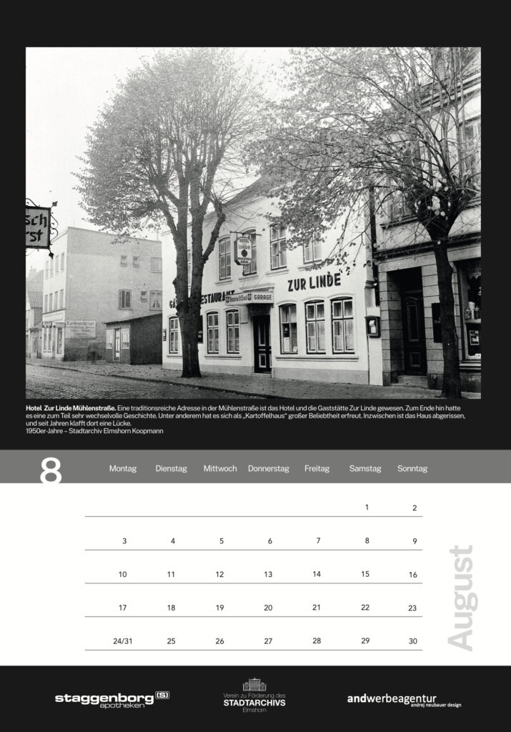 Historische Aufnahme des Hotels und der Gaststätte Zur Linde in der Mühlenstraße in Elmshorn, 1950er Jahre – Kalenderblatt August aus dem Elmshorn-Kalender 2026.